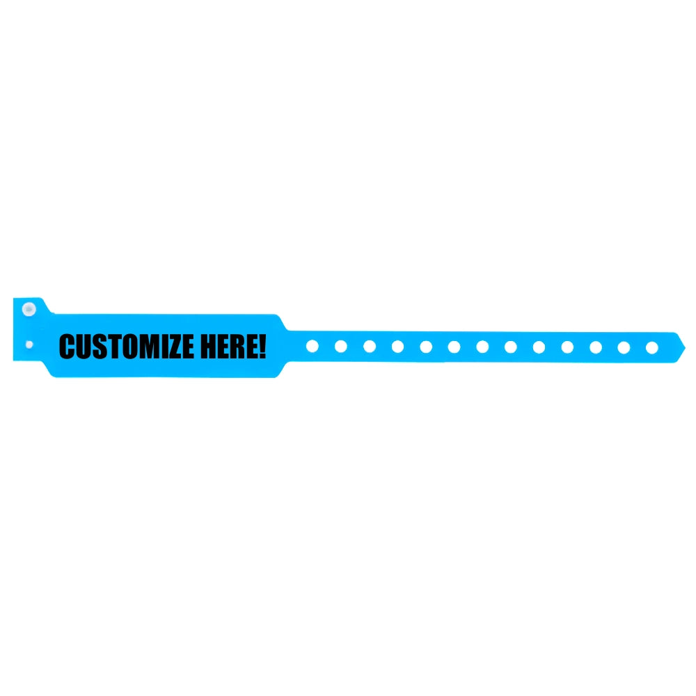 vinyl wide face wristband in neon blue with black text "CUSTOMIZE HERE!" - shown in flat 