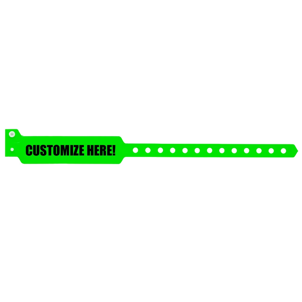 vinyl wide face wristband in neon green with black text "CUSTOMIZE HERE!" - shown in flat 