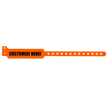 vinyl wide face wristband in neon orange with black text "CUSTOMIZE HERE!" - shown in flat 