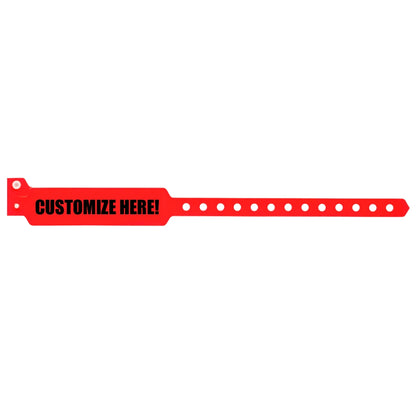 vinyl wide face wristband in neon red with black text "CUSTOMIZE HERE!" - shown in flat 