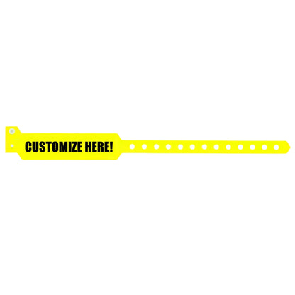 vinyl wide face wristband in neon yellow with black text "CUSTOMIZE HERE!" - shown in flat 