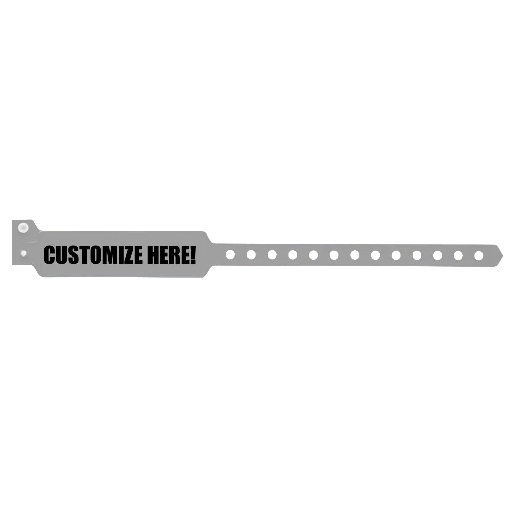 vinyl wide face wristband in silver with black text "CUSTOMIZE HERE!" - shown in flat 