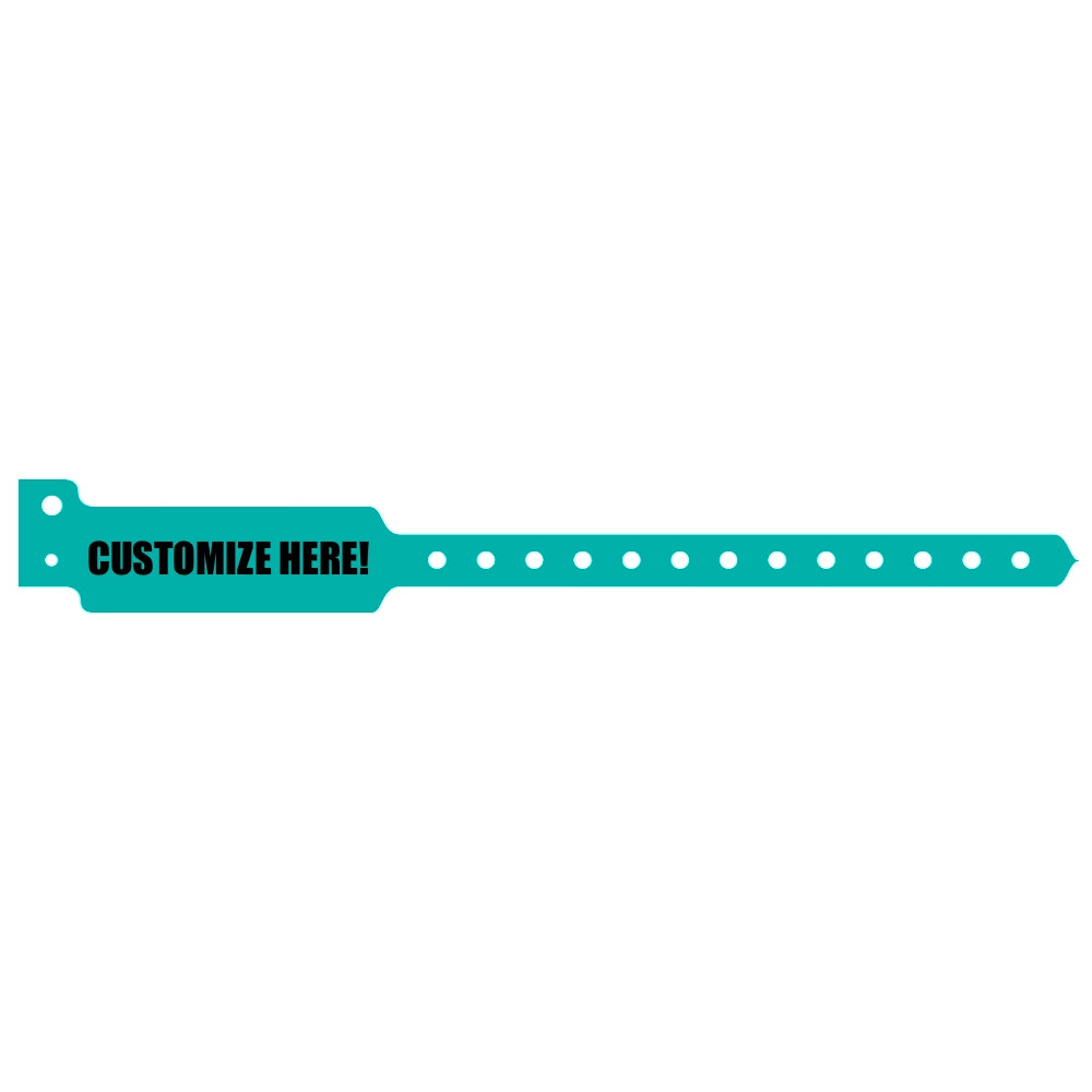 vinyl wide face wristband in teal with black text "CUSTOMIZE HERE!" - shown in flat 