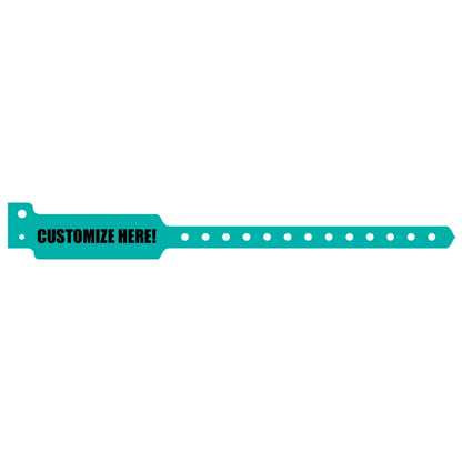 vinyl wide face wristband in teal with black text "CUSTOMIZE HERE!" - shown in flat 