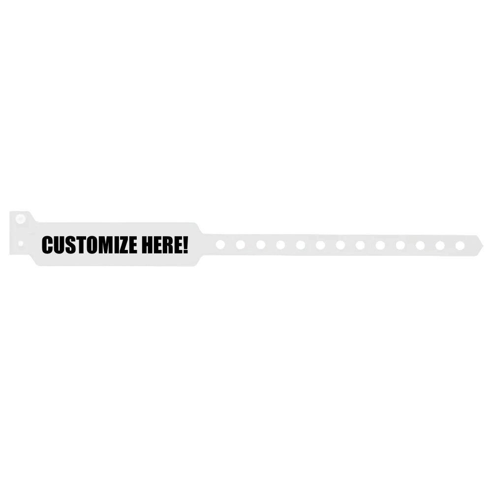 vinyl wide face wristband in white with black text "CUSTOMIZE HERE!" - shown in flat 