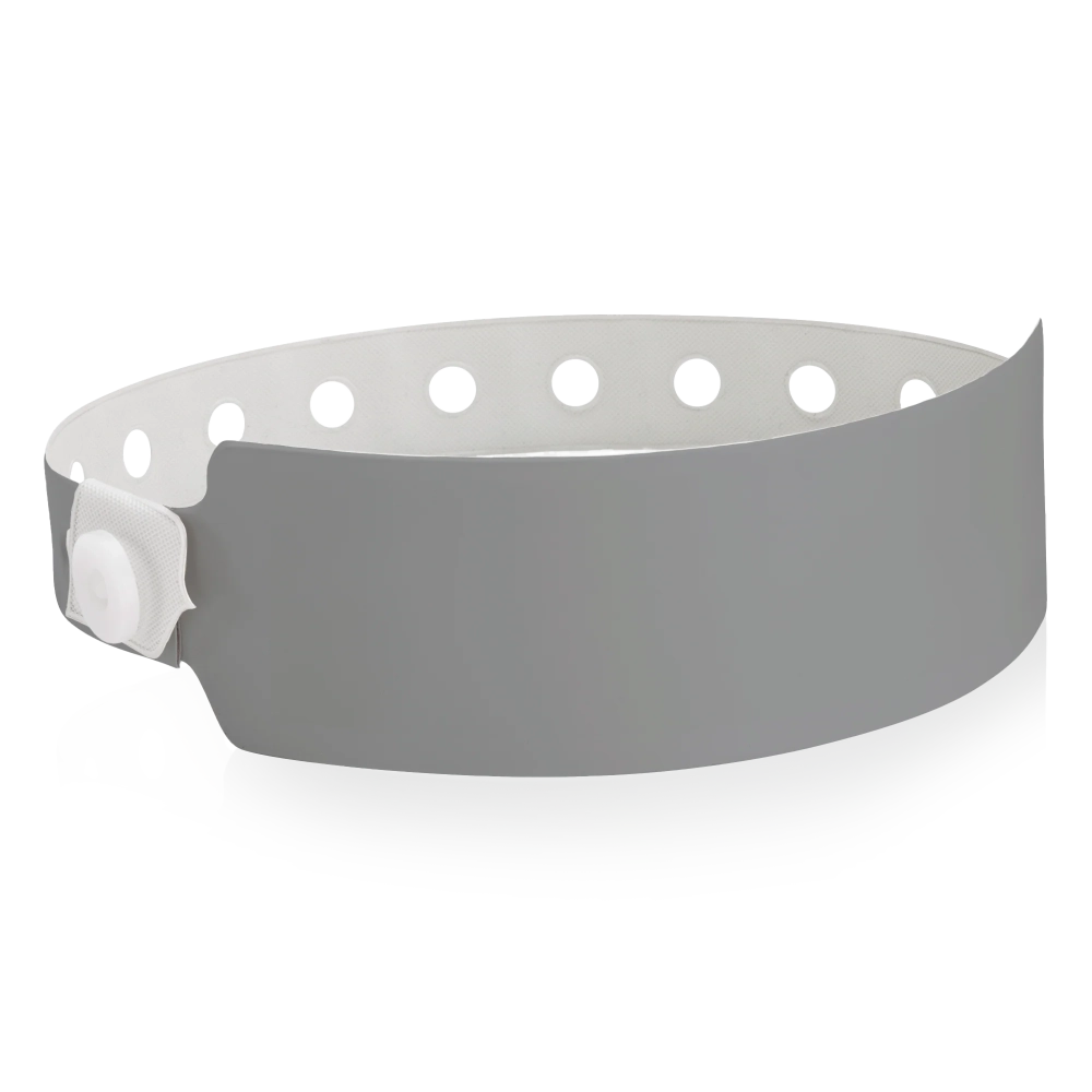 vinyl wide face wristband in silver - round version shown 