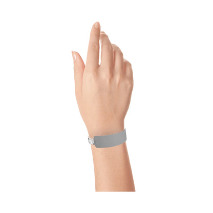 vinyl wide face wristband in silver - shown on wrist