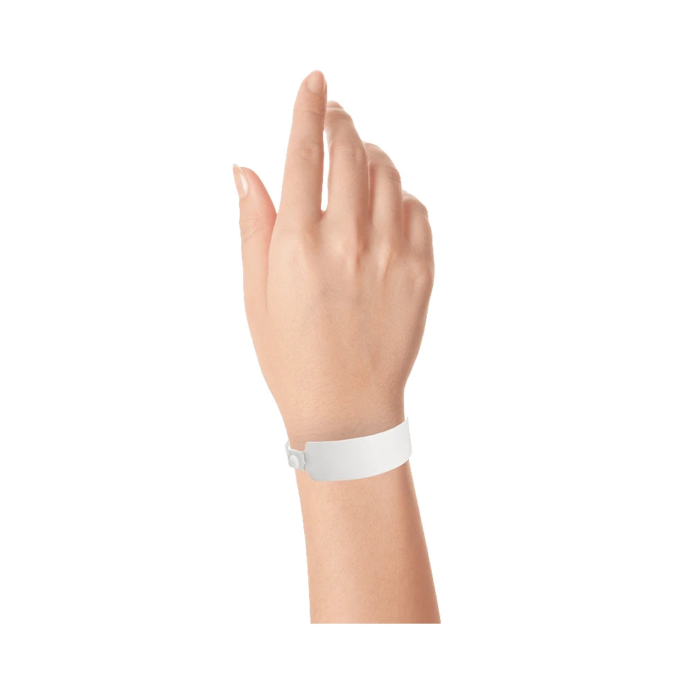 vinyl wide face wristband in white - shown on wrist 