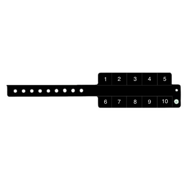 vinyl 10 tab wristbands shown in stock pattern with imprint "stub void if detached" and the number 1-10 on the stubs, shown in black