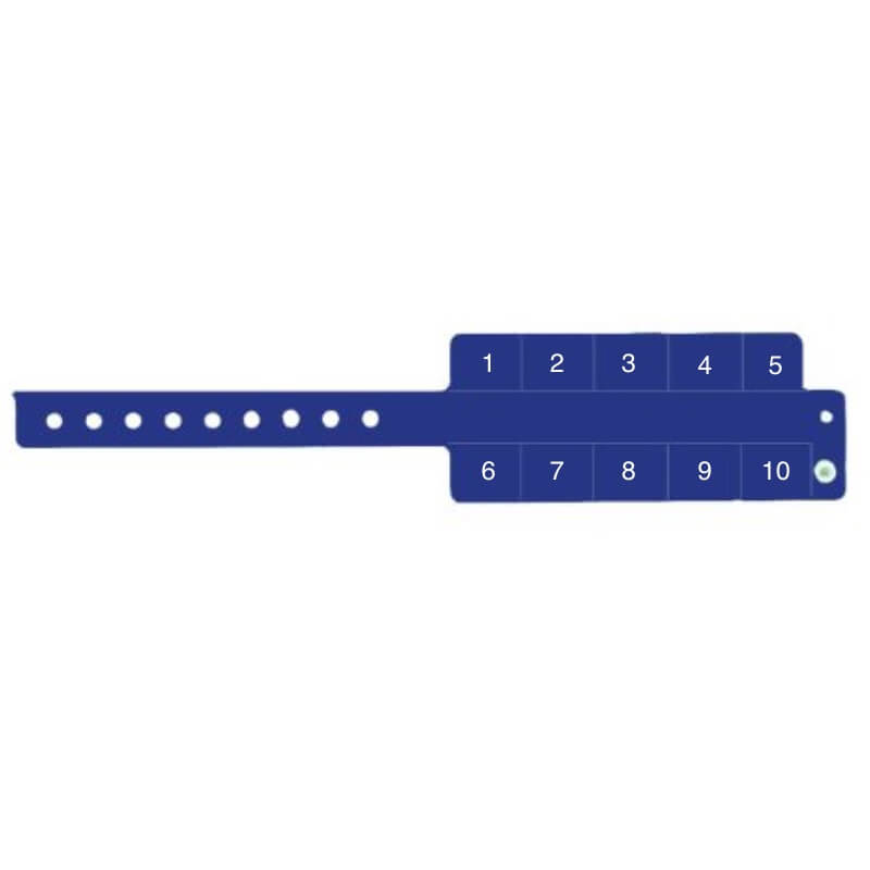 vinyl 10 tab wristbands shown in stock pattern with imprint "stub void if detached" and the number 1-10 on the stubs, shown in navy blue
