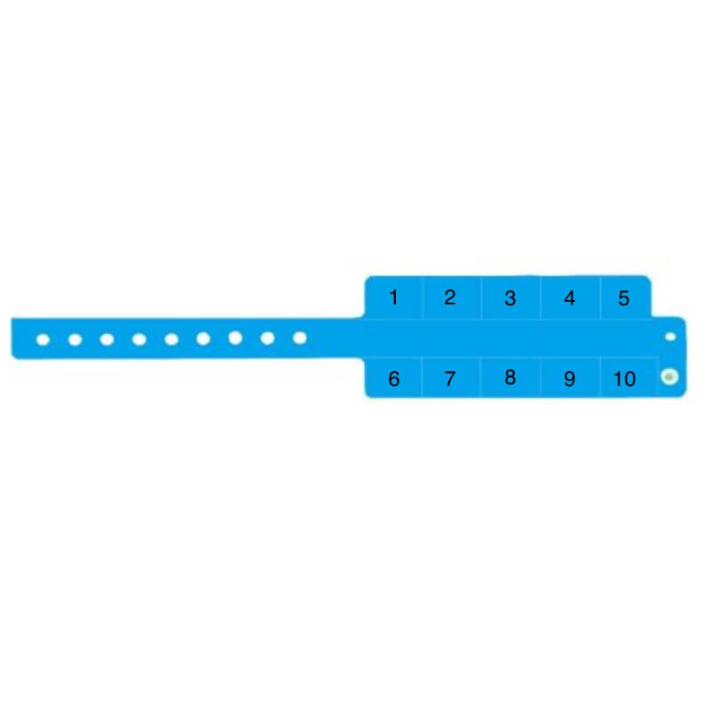vinyl 10 tab wristbands shown in stock pattern with imprint "stub void if detached" and the number 1-10 on the stubs, shown in neon blue 