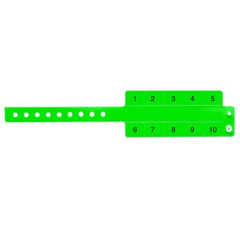 vinyl 10 tab wristbands shown in stock pattern with imprint "stub void if detached" and the number 1-10 on the stubs, shown in neon green