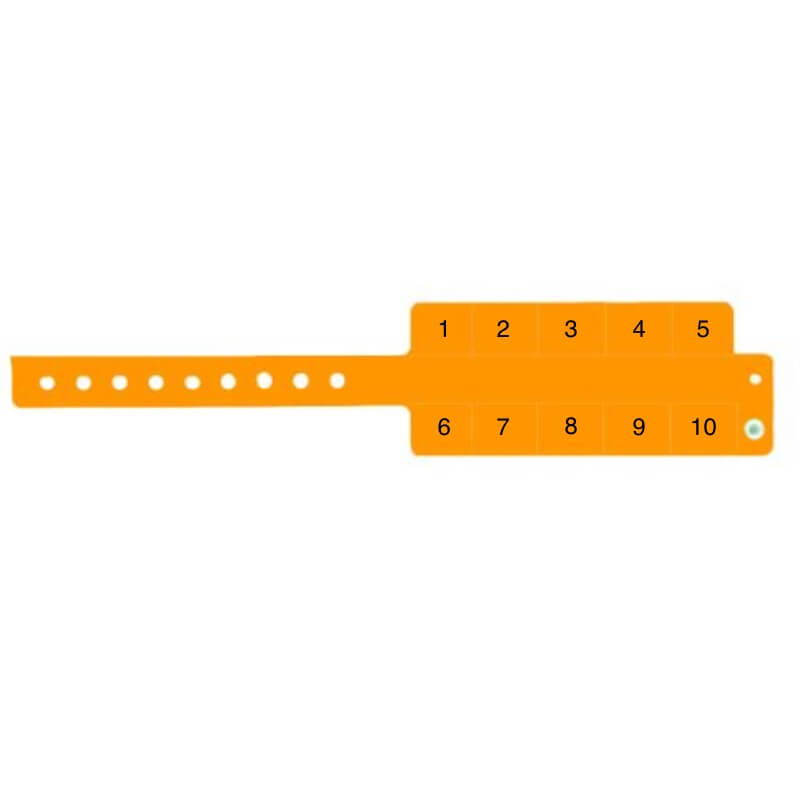 vinyl 10 tab wristbands shown in stock pattern with imprint "stub void if detached" and the number 1-10 on the stubs, shown in neon orange