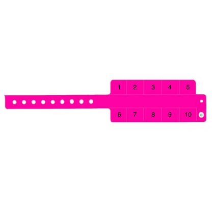 vinyl 10 tab wristbands shown in stock pattern with imprint "stub void if detached" and the number 1-10 on the stubs, shown in neon pink