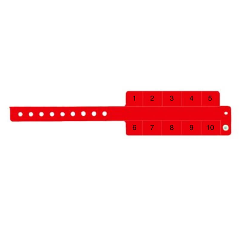 vinyl 10 tab wristbands shown in stock pattern with imprint "stub void if detached" and the number 1-10 on the stubs, shown in neon red