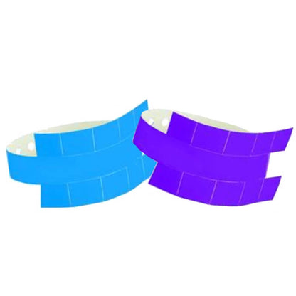vinyl 10 tab wristbands shown in neon blue and purple