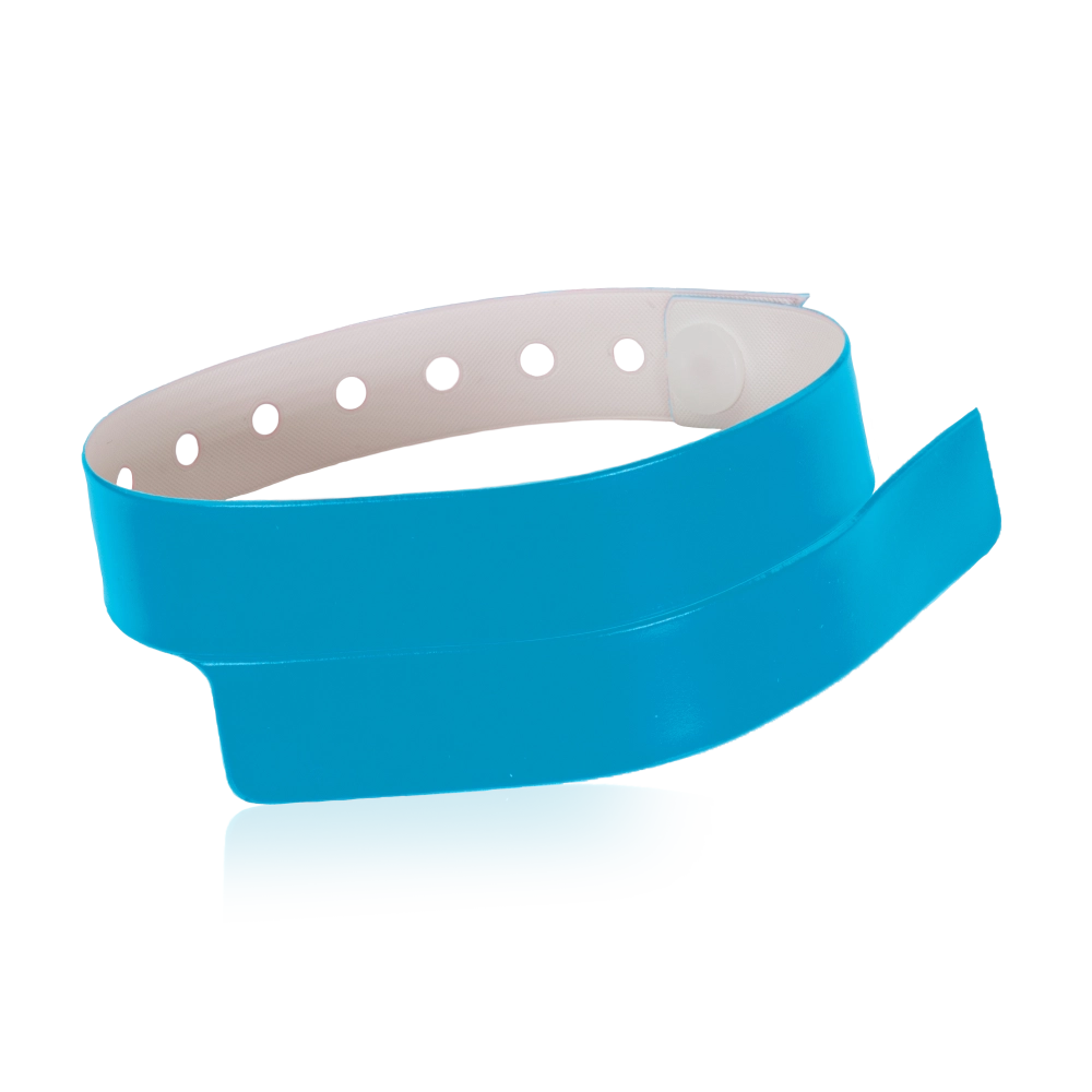 vinyl wristband with 1 tab in neon blue - round version shown 