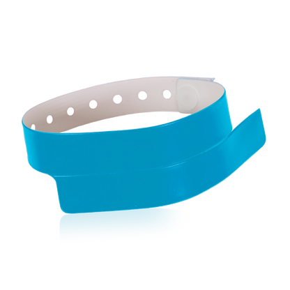 vinyl wristband with 1 tab in neon blue - round version shown 