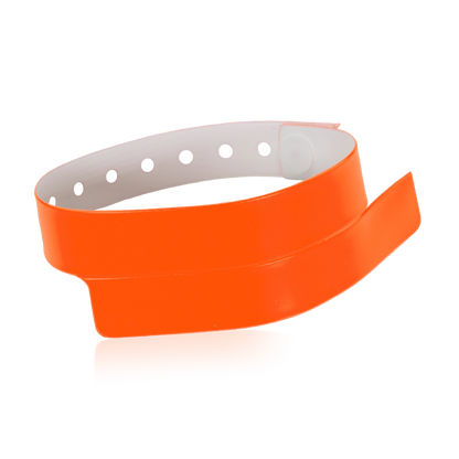 vinyl wristband with 1 tab in neon orange - round version shown 