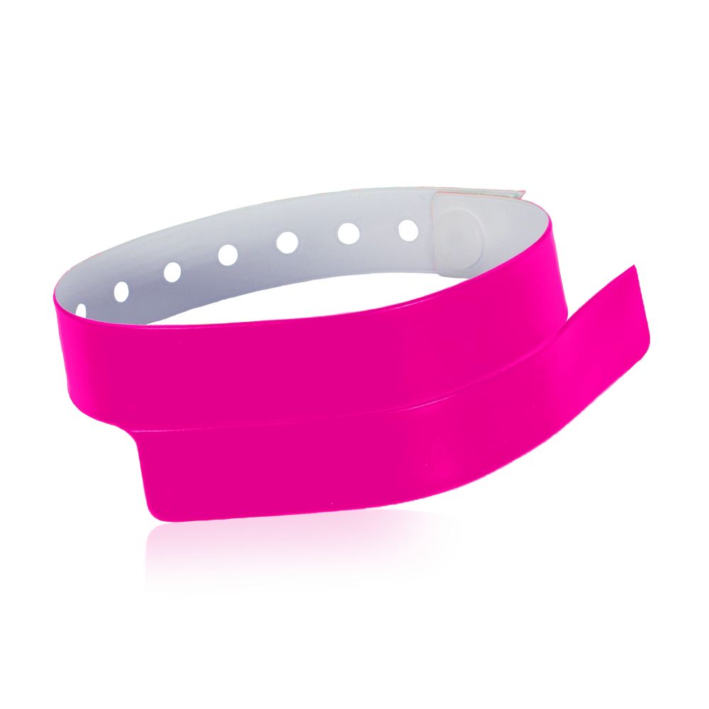 vinyl wristband with 1 tab in neon pink - round version shown 