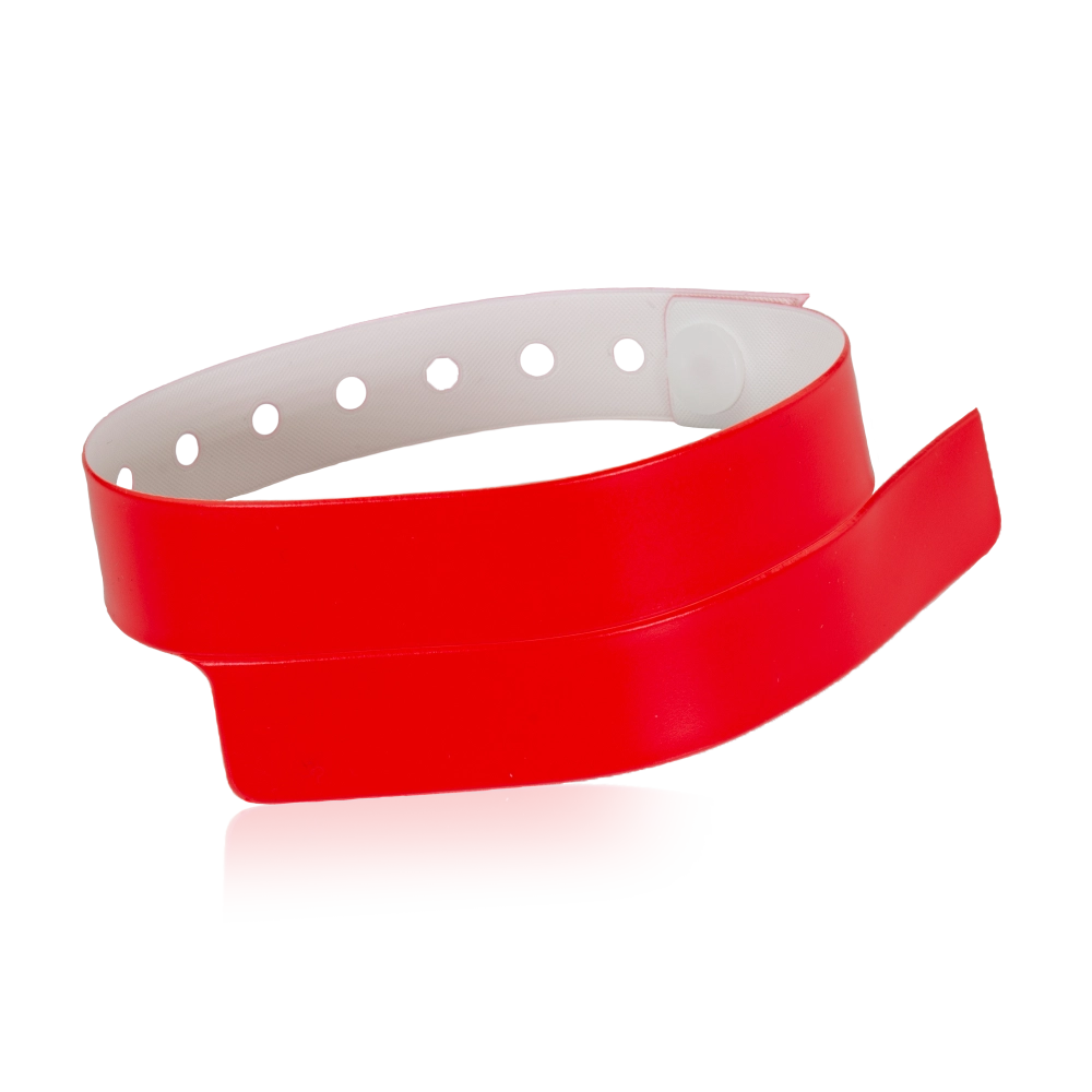 vinyl wristband with 1 tab in neon red - round version shown 