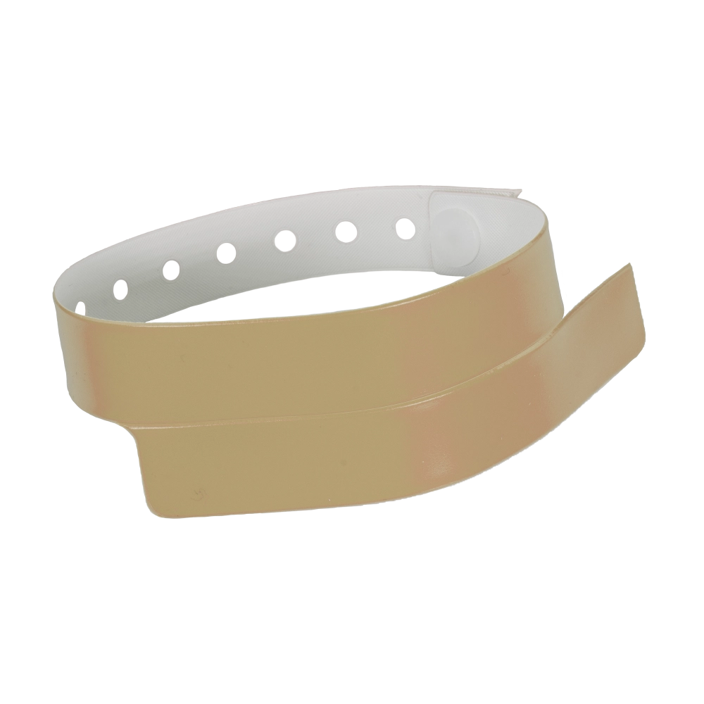 vinyl wristband with 1 tab in gold - round version shown 