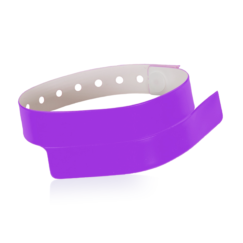 vinyl wristband with 1 tab in purple - round version shown 