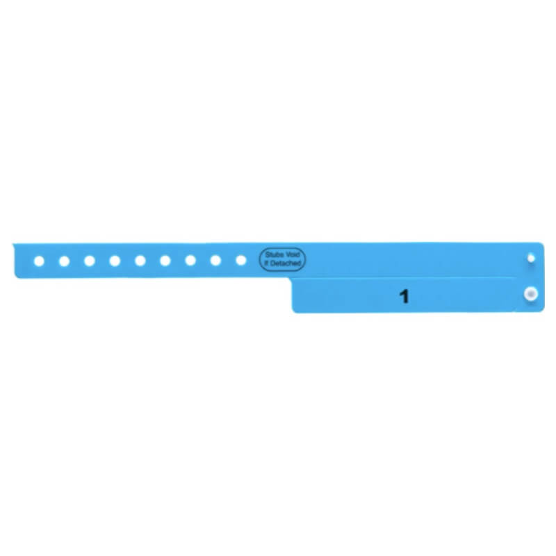 vinyl 1 tab wristbands shown in stock pattern with imprint "stub void if detached" and the number one on the stub in neon blue