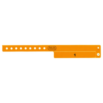 vinyl 1 tab wristbands shown in stock pattern with imprint "stub void if detached" and the number one on the stub in neon orange