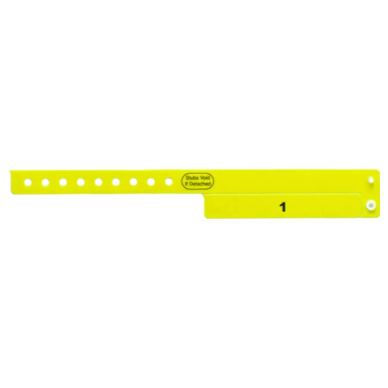 vinyl 1 tab wristbands shown in stock pattern with imprint "stub void if detached" and the number one on the stub in neon yellow