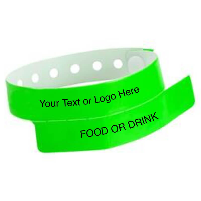 vinyl 1 tab wristband with a placeholder to show where you can customize the wristband and detachable stub in neon green