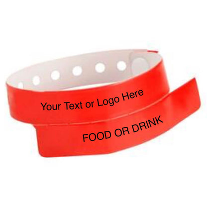 vinyl 1 tab wristband with a placeholder to show where you can customize the wristband and detachable stub in neon red 