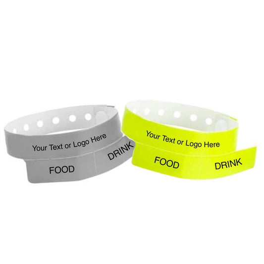 vinyl 2 tab wristbands shown in silver and neon yellow with placeholders showing where you can customize the wristband