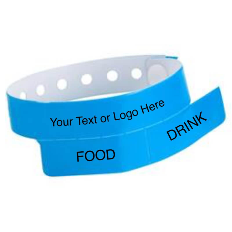 vinyl 2 tab wristband with a placeholder to show where you can customize the wristband in neon blue 