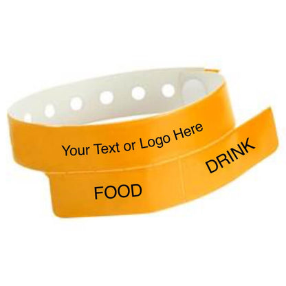 vinyl 2 tab wristband with a placeholder to show where you can customize the wristband in neon orange