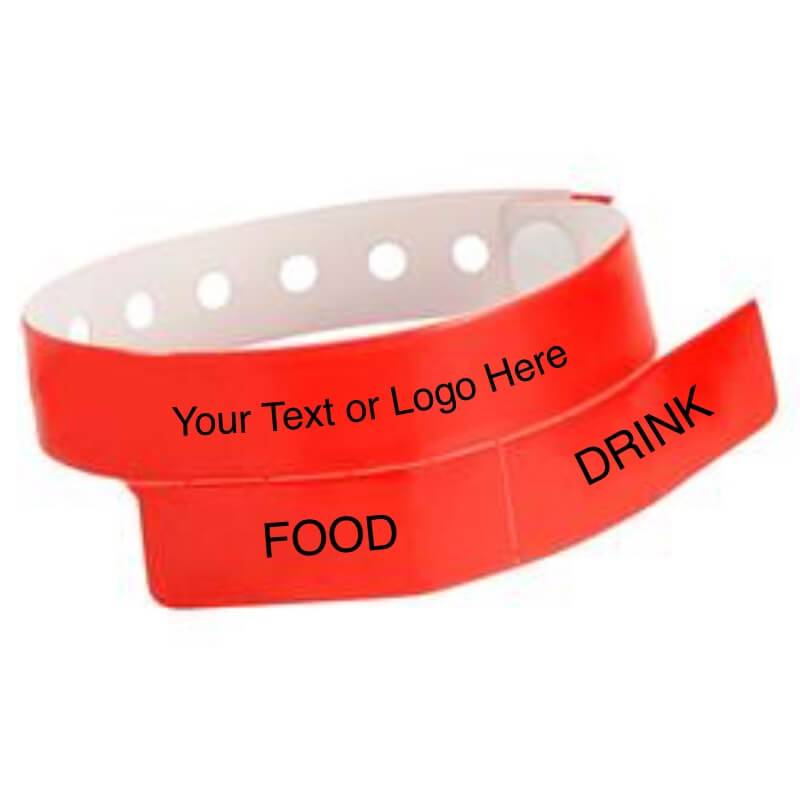 vinyl 2 tab wristband with a placeholder to show where you can customize the wristband in neon red