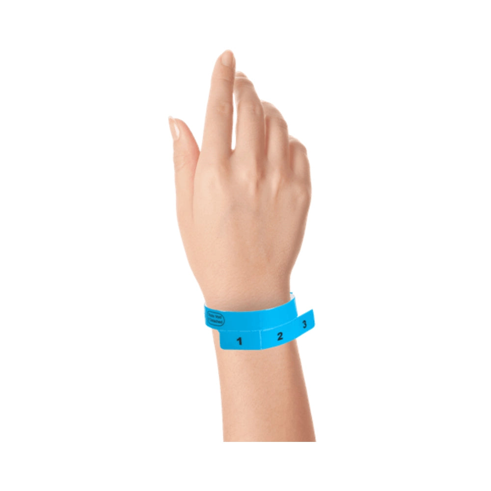 vinyl wristband with 3 tab in neon blue - shown on wrist 