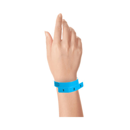 vinyl wristband with 3 tab in neon blue - shown on wrist 