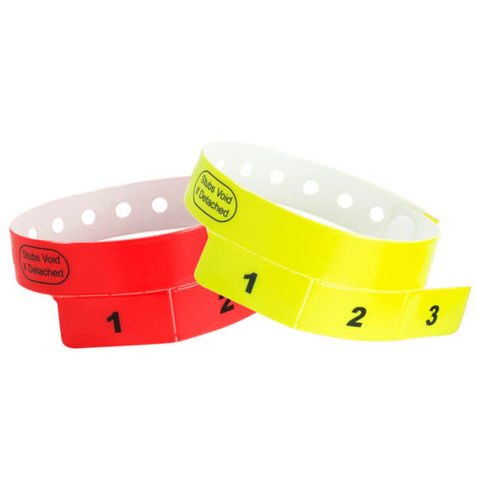 vinyl 3 tab wristbands stock pattern  shown in neon yellow and neon red