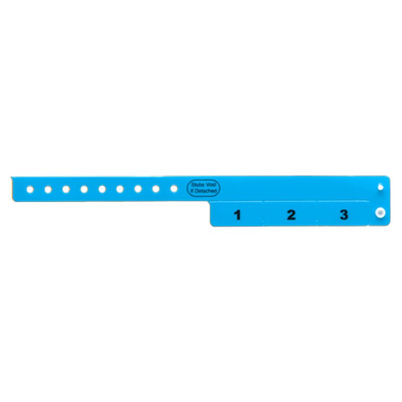 vinyl 3 tab wristbands shown in stock pattern with imprint "stub void if detached" and the number 1-3 on the stubs in neon blue 
