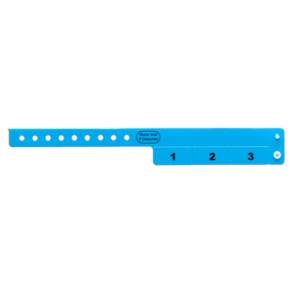 vinyl 3 tab wristbands shown in stock pattern with imprint "stub void if detached" and the number 1-3 on the stubs in neon blue 