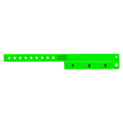 vinyl 3 tab wristbands shown in stock pattern with imprint "stub void if detached" and the number 1-3 on the stubs in neon green