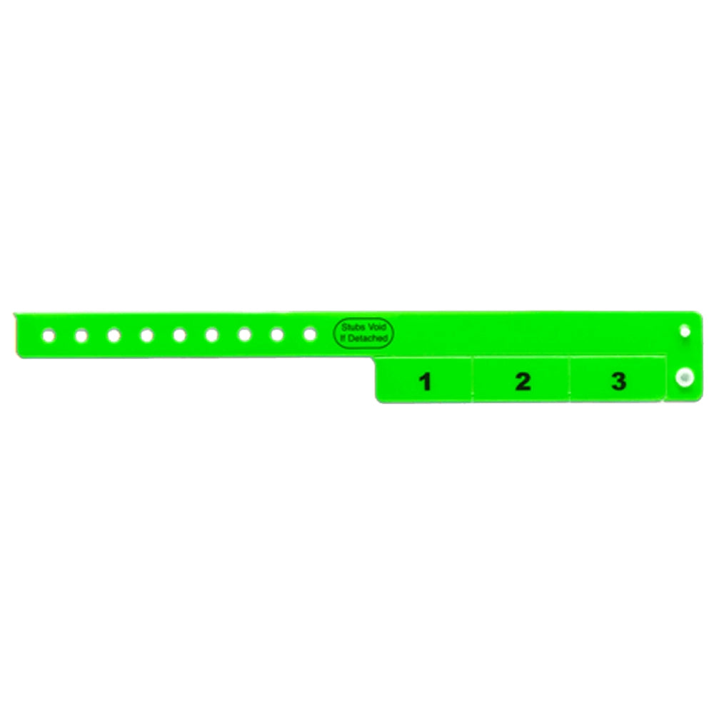 vinyl wristband with 3 tab in neon green - flat version shown 