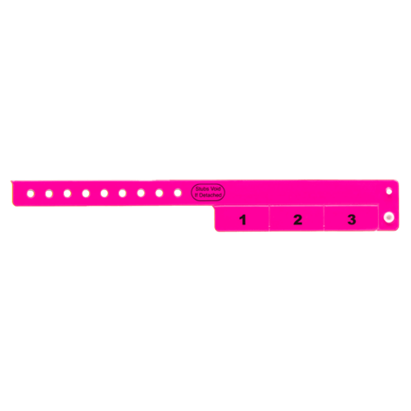 vinyl 3 tab wristbands shown in stock pattern with imprint "stub void if detached" and the number 1-3 on the stubs in neon pink
