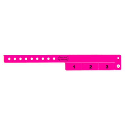 vinyl 3 tab wristbands shown in stock pattern with imprint "stub void if detached" and the number 1-3 on the stubs in neon pink