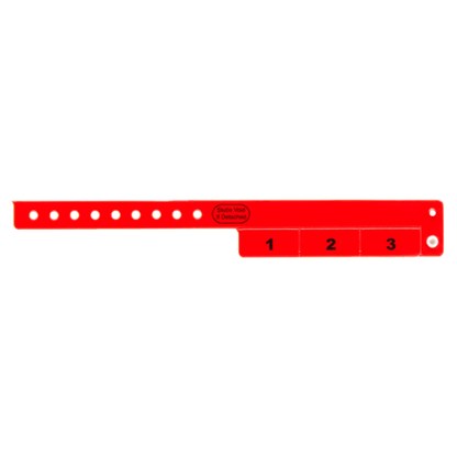 vinyl 3 tab wristbands shown in stock pattern with imprint "stub void if detached" and the number 1-3 on the stubs in neon red