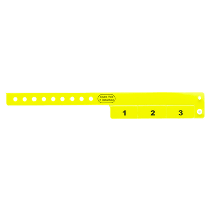 vinyl 3 tab wristbands shown in stock pattern with imprint "stub void if detached" and the number 1-3 on the stubs in neon yellow