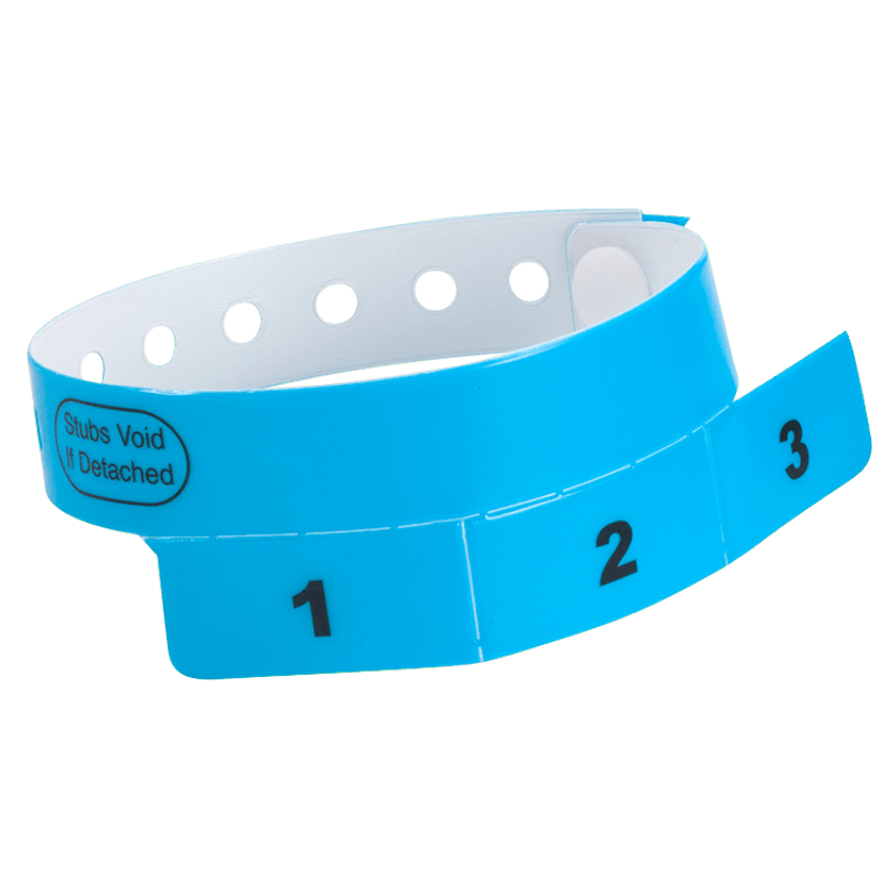 vinyl 3 tab wristbands shown in stock pattern with imprint "stub void if detached" and the number 1-3 on the stubs shown in neon blue 