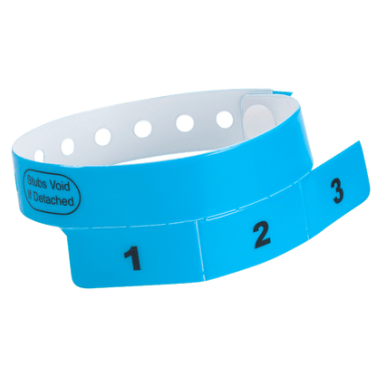 vinyl 3 tab wristbands shown in stock pattern with imprint "stub void if detached" and the number 1-3 on the stubs shown in neon blue 
