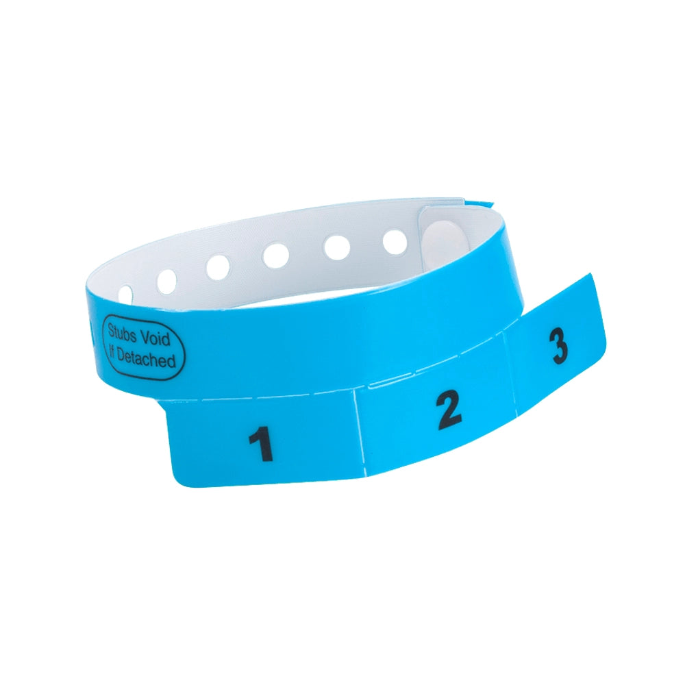 vinyl wristband with 3 tab in neon blue - round version shown 
